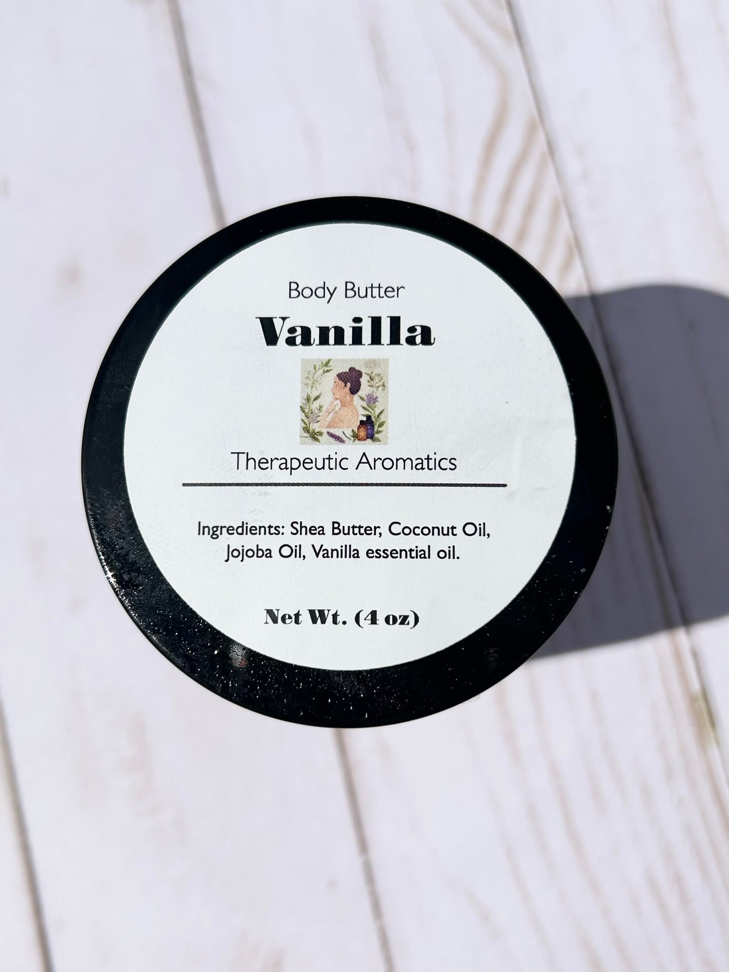 vanilla body butter, whipped body butter, label view wood background