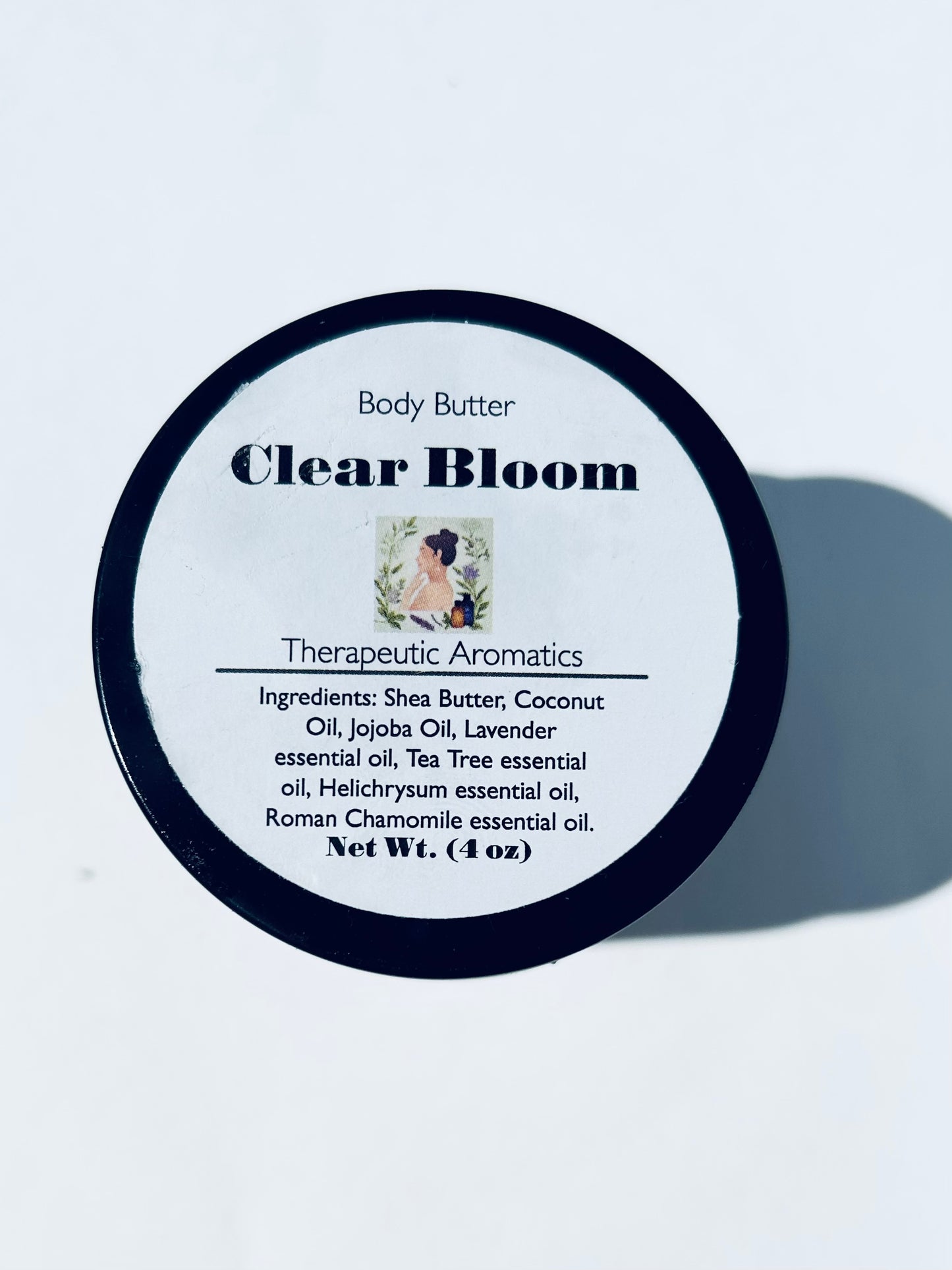 clear bloom body butter, label view, blank background