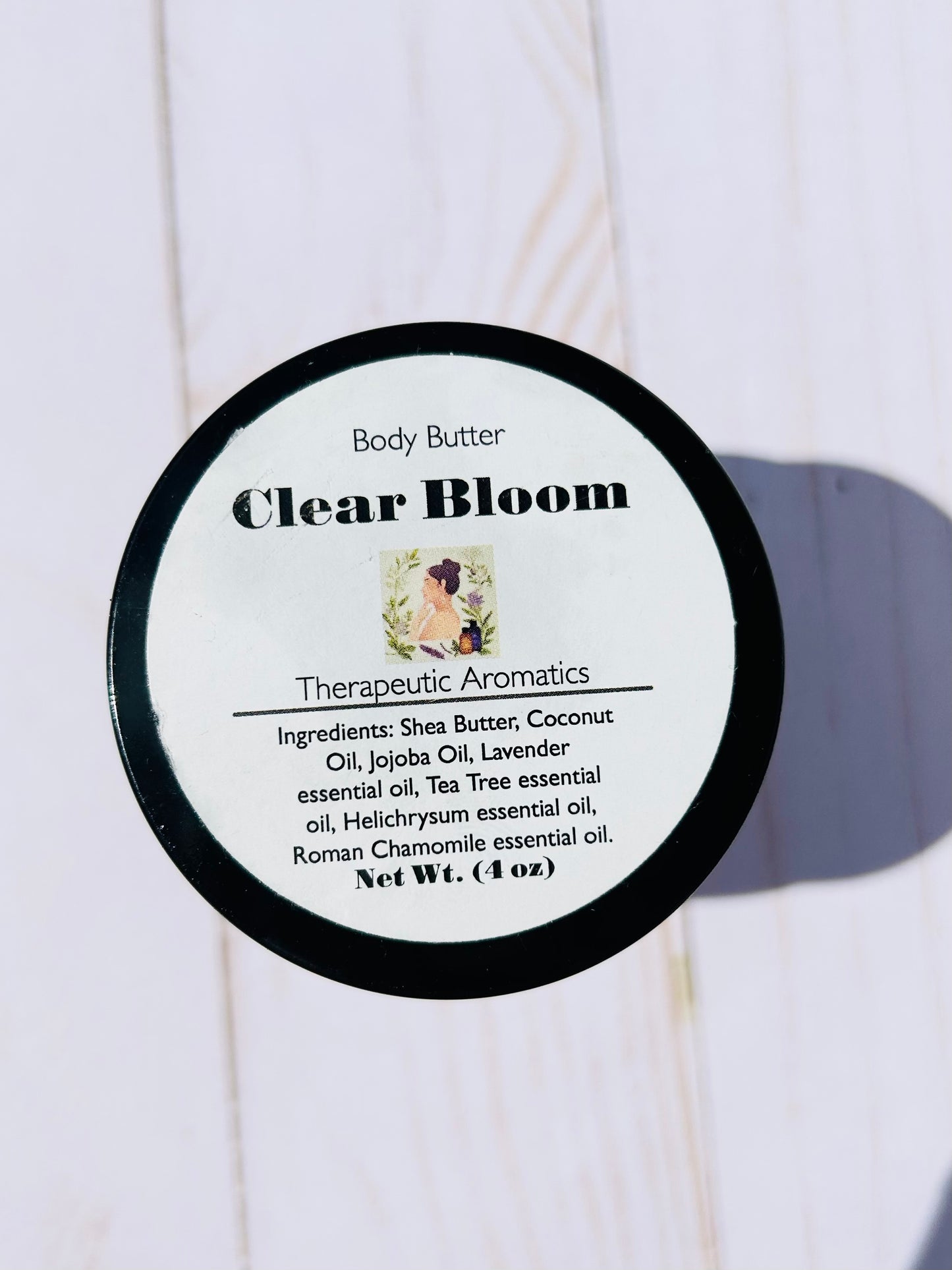 clear bloom body butter, whipped body butter, label view